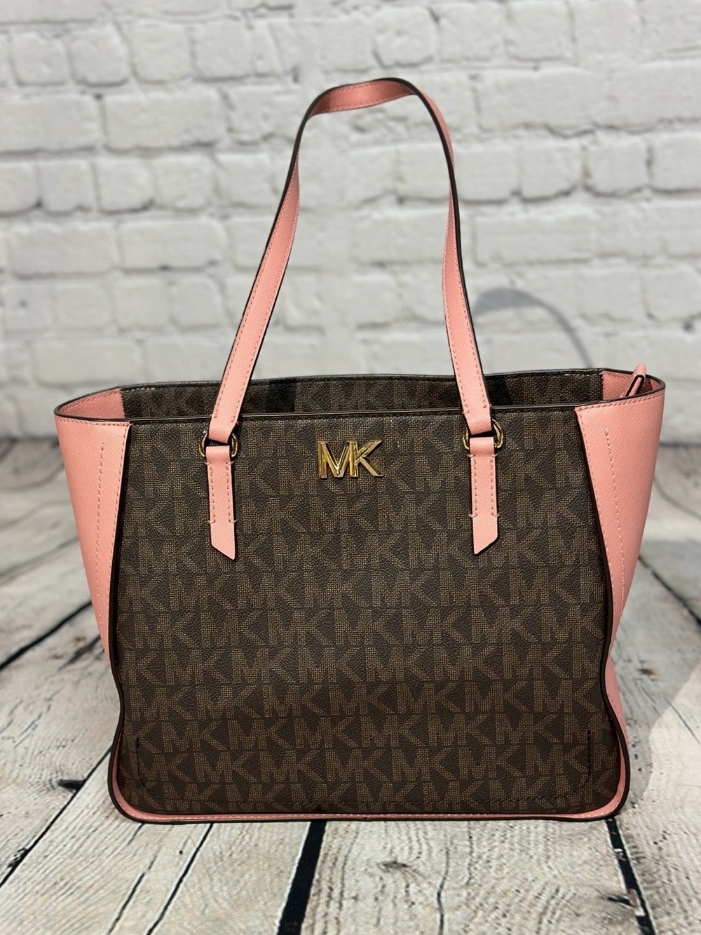 Michael Kors Brown MK Monogram Tote with Pink Trim